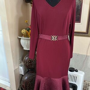 SHEIN Red Embellished Long Sleeve V-Neck Sheath Dress
